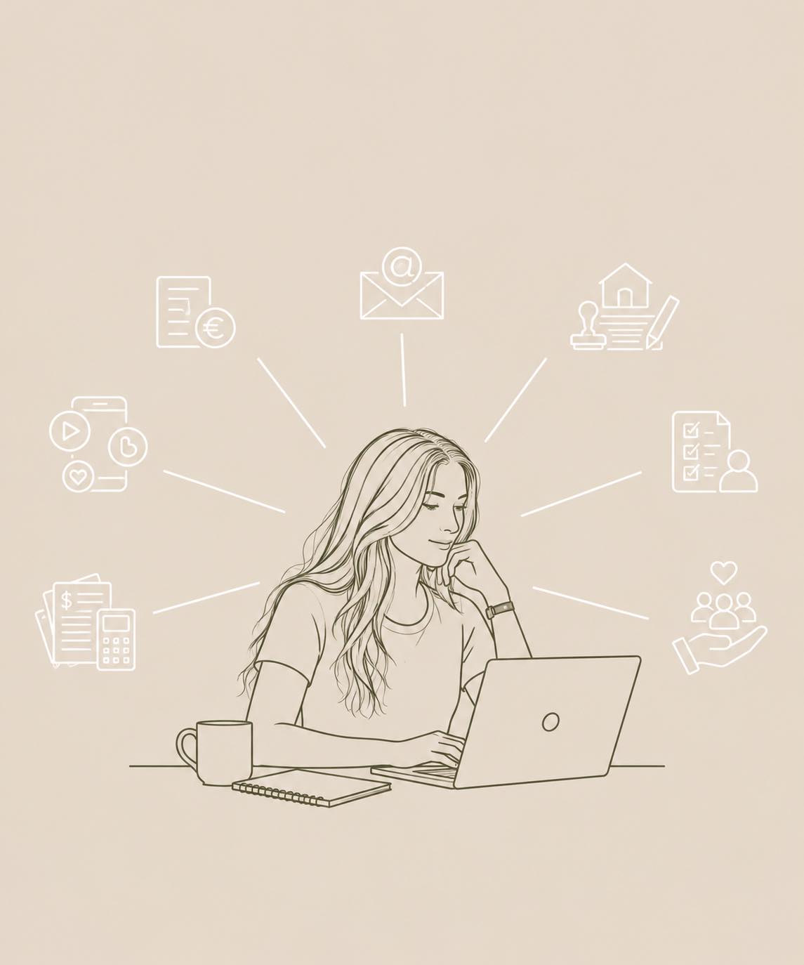 Illustration d’une assistante administrative à son bureau, entourée des services proposés par Soléa